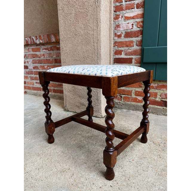 Antique English Oak Barley Twist Stool Bench Jacobean Revival Upholstered c1910. Direct from England, a superb antique...