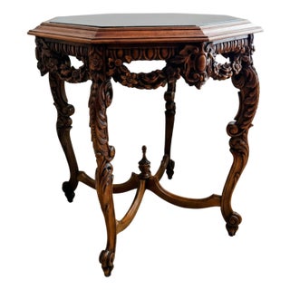 Victorian Octagonal Black Marble Accent Table – Ornate Carved Wood Base For Sale