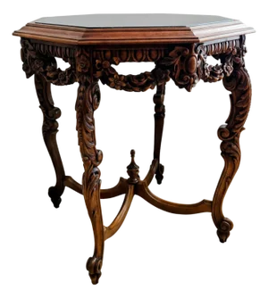 Victorian Octagonal Black Marble Accent Table – Ornate Carved Wood Base