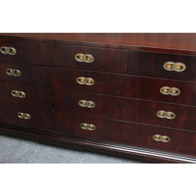 Vintage Stained Satinwood Nine-Drawer Dresser With Brass Pulls by Henredon For Sale - Image 10 of 12