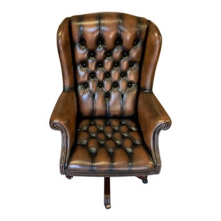 Vintage English Executive High Back Leather Desk Chair, Brown For Sale