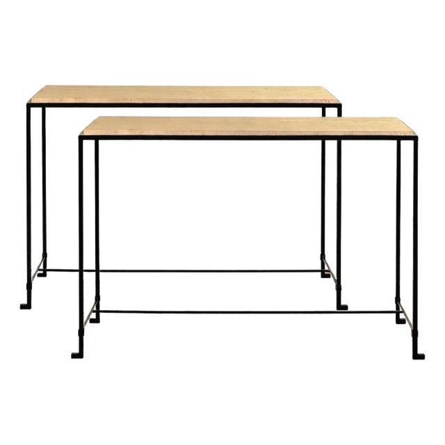 Pair of Large 'Diagramme' Travertine Consoles By Design Frères For Sale