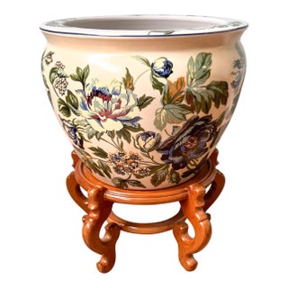 Vintage Floral Koi Fish Bowl Planter With Wood Stand For Sale