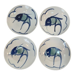 Late 20th Century Chinese Blue & White Koi Fish Bowls - Set of 4 For Sale