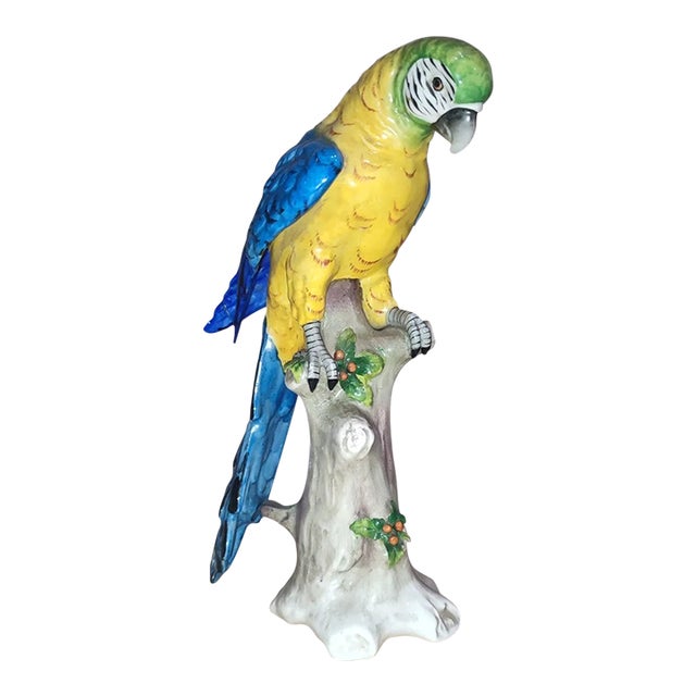19thc Dresden Sitzendorf Louis XV Rococo Style Large Glazed Porcelain Sculpture of a Parrot - Signed For Sale