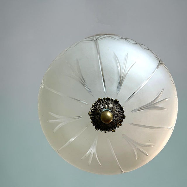 Metal Portuguese Regency Style Frosted Glass Pendant with Ornate Brass Crown, 1980s For Sale - Image 7 of 17