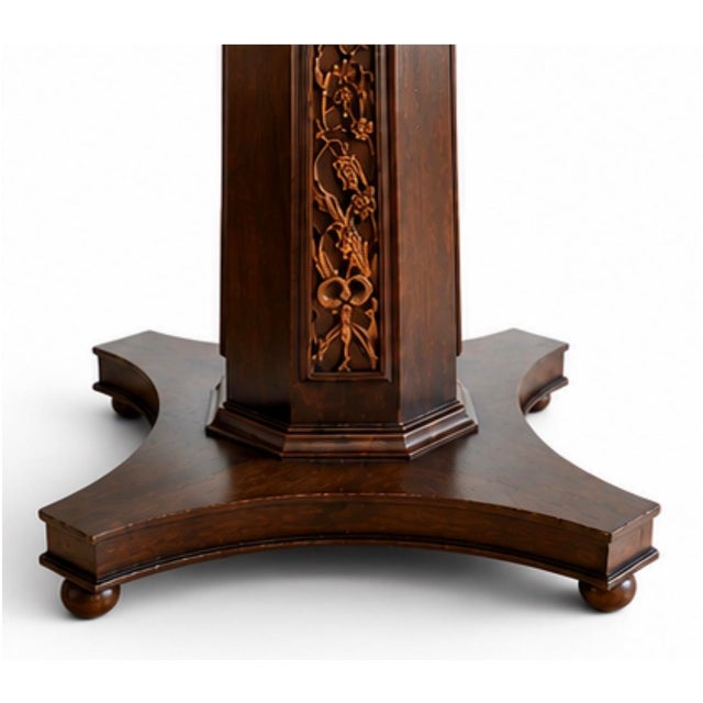 Wood Vintage Chinese Hand-Carved Round Pedestal Dining Table With Beveled Glass Top For Sale - Image 7 of 10