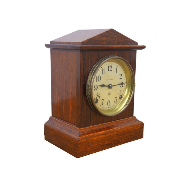 Neoclassical Antique Seth Thomas Dana Burl Walnut Adamantine Mantel Clock 11" For Sale - Image 3 of 17