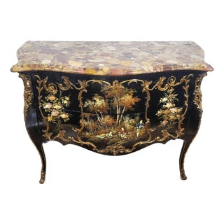 Vintage Louis XV Style Black Lacquered & Painted Marble Top Bronze Mounted Commode For Sale