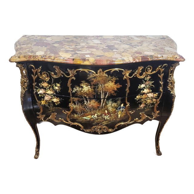 Vintage Louis XV Style Black Lacquered & Painted Marble Top Bronze Mounted Commode For Sale
