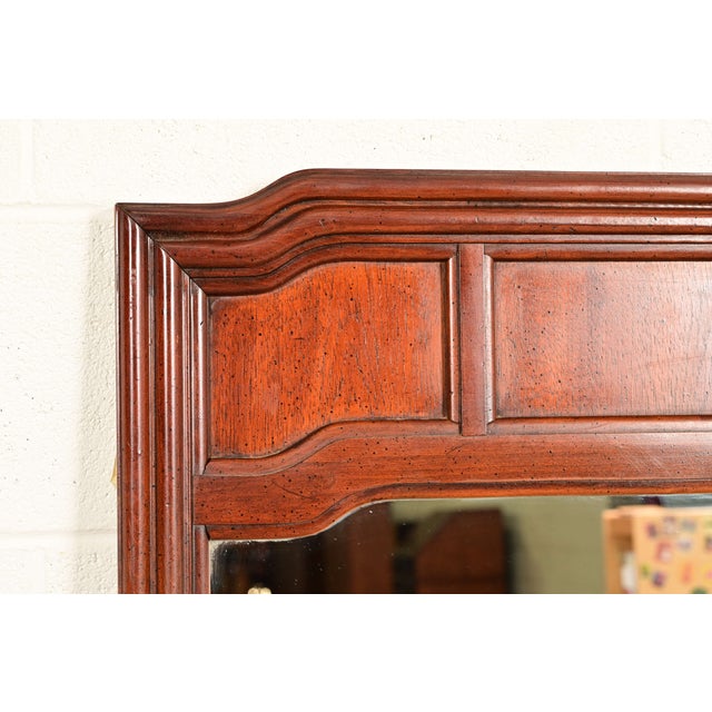 Thomasville Mid-Century Modern Hollywood Regency Campaign Carved Walnut Framed Wall Mirror, 1970s For Sale In South Bend - Image 6 of 14