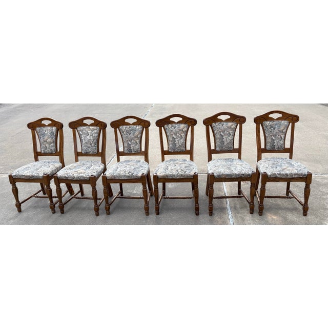 Mid 20th Century Vintage French Country Oak and Upholstery Dining Chairs - Set of 6 For Sale - Image 5 of 11