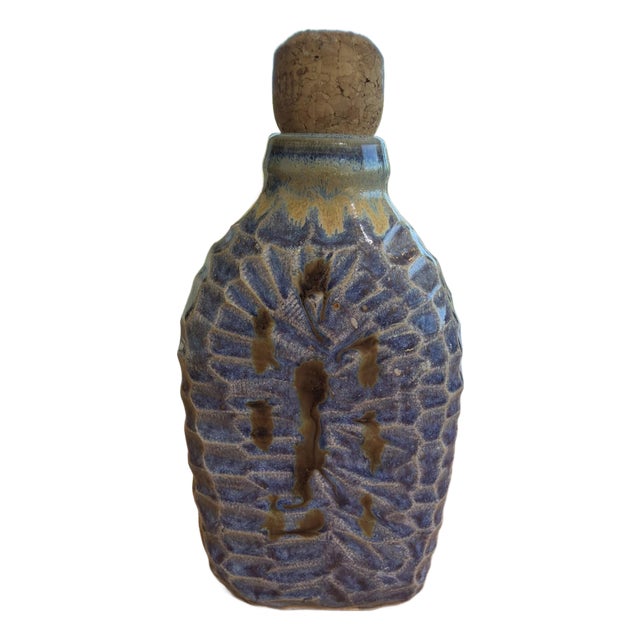 1980s Signed Studio Pottery Flask 7.5” Blue & Amber Textured Art Pottery w Cork For Sale