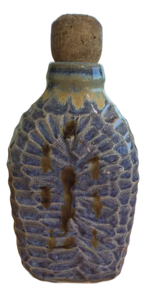 1980s Signed Studio Pottery Flask 7.5” Blue & Amber Textured Art Pottery w Cork