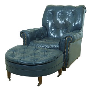 Hancock & Moore Blue Leather Club Chair & Ottoman For Sale
