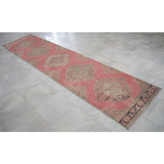 1970s Vintage Turkish Runner Rug Hand-Knotted Coral Pink Hallway Runner Authentic Oushak Rug 3x13 Ft Approx For Sale - Image 5 of 13