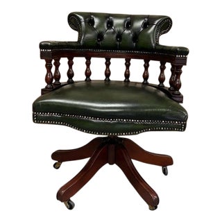 Bespoke English Hand Made Leather Captains Desk Chair, Green For Sale