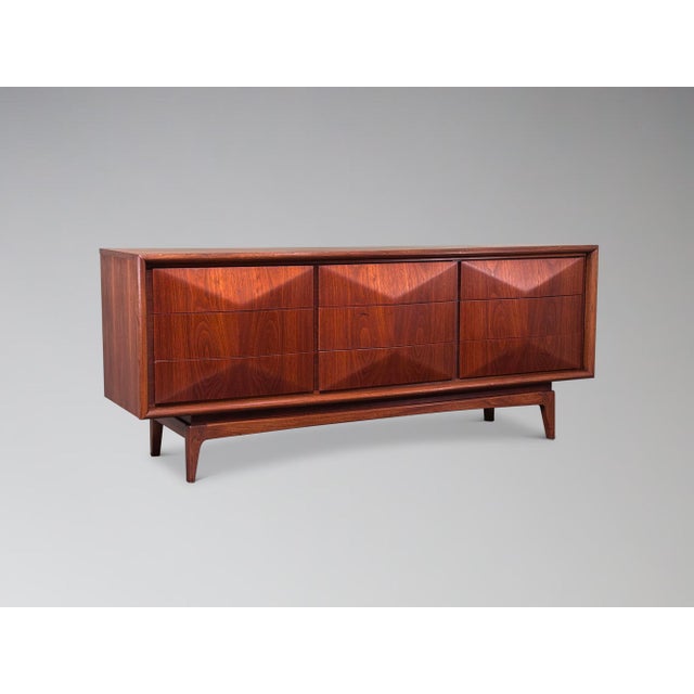 Mid-Century Modern Restored United Diamond Front Dresser Nine Drawer Walnut Lowboy For Sale - Image 3 of 10