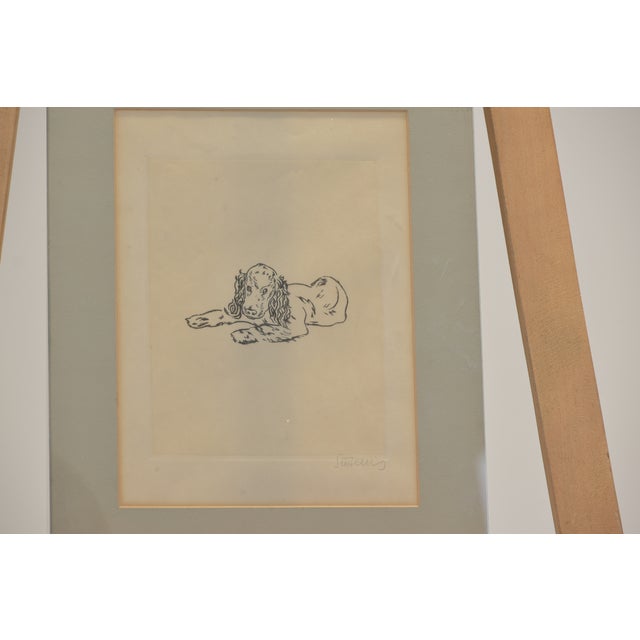 The image depicts a reclining dog, presumably a spaniel (due to its long, drooping ears). The lines are very reduced and...