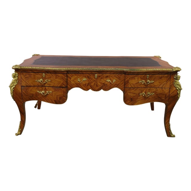 Early 20th Century Bureau Plat Desk, French, Large, Burl Wood Veneer, Leather Top, Bronze Mount! For Sale