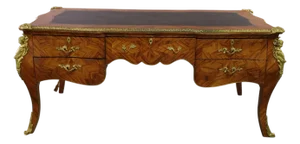 Early 20th Century Bureau Plat Desk, French, Large, Burl Wood Veneer, Leather Top, Bronze Mount!