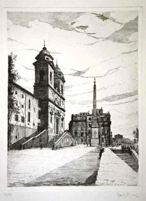 View of Trinità dé Monti (Rome, Italy) - Original Etching by G. Malandrino 1970s