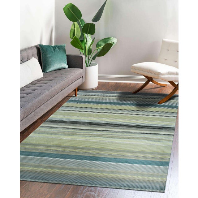 4x6 Zinnia Striped Green Geometric Contemporary Handmade Wool Carpet Rug For Sale - Image 10 of 13
