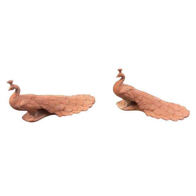 Tuscan Pair of Vintage Tuscan Terra Cotta Peacock Garden Sculptures For Sale - Image 3 of 12