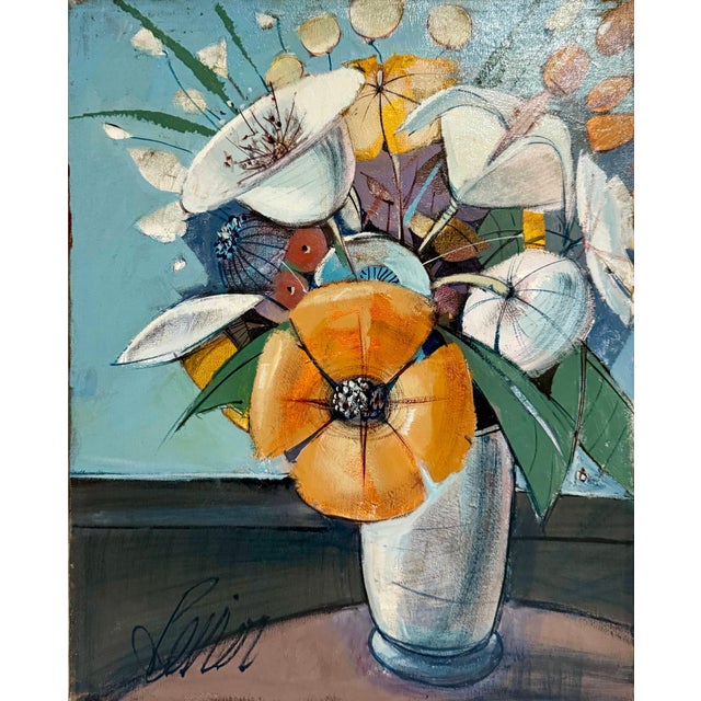 Charles Levier, Charles Levier Modernist Artist Vase of Flowers in Bloom Window Paris Modernism, c.1960's For Sale