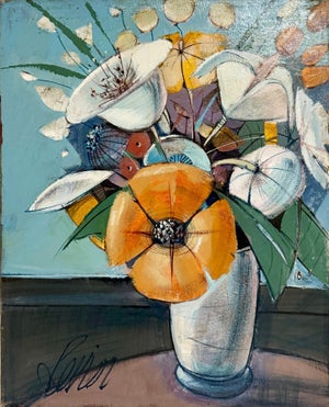 Charles Levier, Charles Levier Modernist Artist Vase of Flowers in Bloom Window Paris Modernism, c.1960's