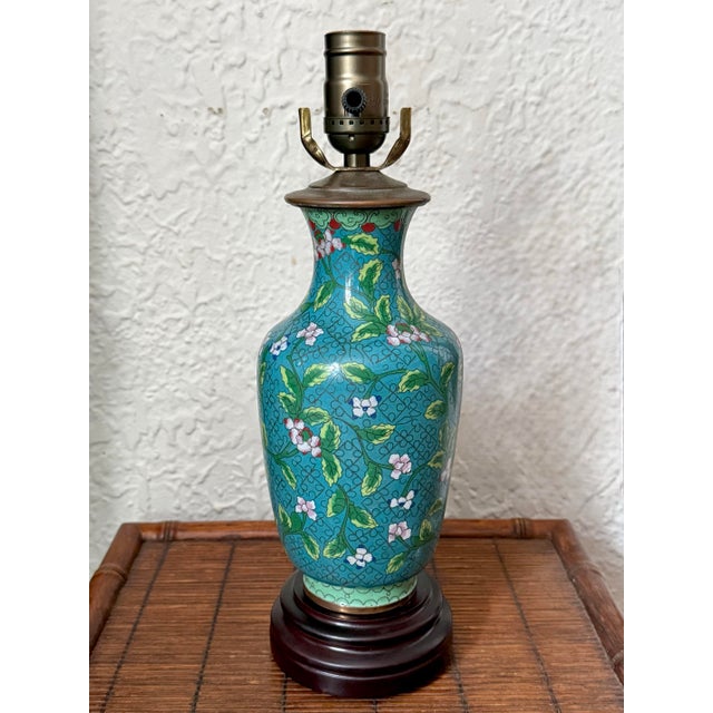 Teal Vintage Cloisonné Vase Lamp, Fully Rewired For Sale - Image 8 of 8
