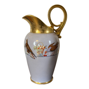 Antique 19th Century Paris Porcelain Neoclassical Tall Pitcher Decorated With Birds and Fruit Basket