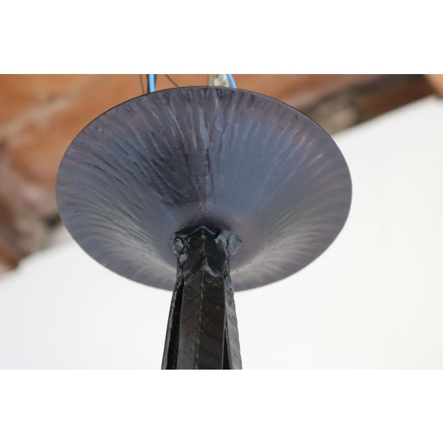 Antique French Art Deco Geometric Wrought Iron and Frosted Glass Chandelier, 1930 For Sale - Image 11 of 15
