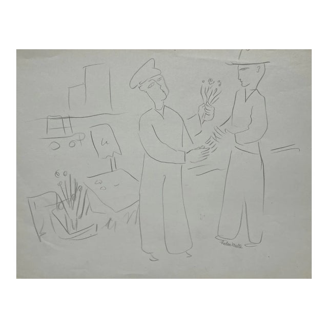 1940s Helen Malta Flower Seller Drawing For Sale