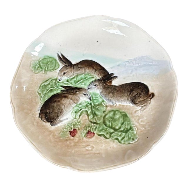 Majolica Bunnies Family Plate Choisy Le Roi, Circa 1900 For Sale