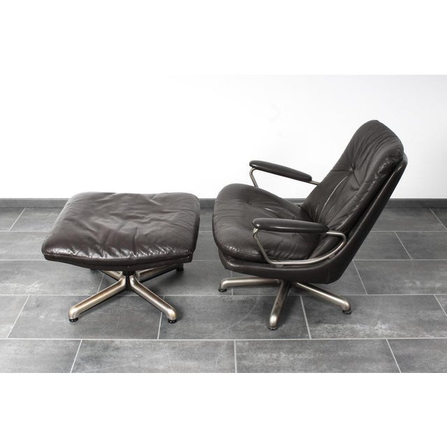 Set of Brown Leather Lounge Chair with Matching Stool by André Vandenbeuck for Strässle, 1960s For Sale - Image 9 of 18