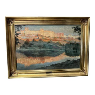 1920s Painting Oil on Canvas by Hugo Vilfred Pederson, Denmark of Sunset Village, Framed For Sale