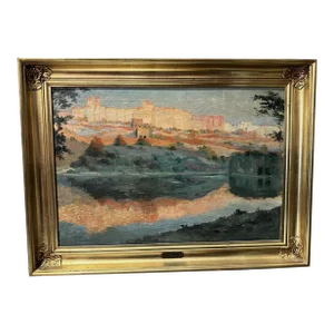 1920s Painting Oil on Canvas by Hugo Vilfred Pederson, Denmark of Sunset Village, Framed