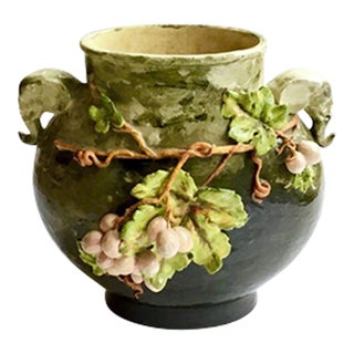Antique Grape & Elephant Barbotine Majolica Vase For Sale
