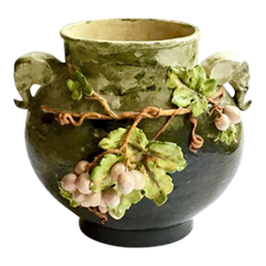 Antique Grape & Elephant Barbotine Majolica Vase