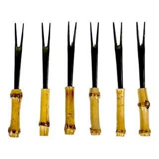 1970s Vintage Hollywood Regency Coastal Boho Chic Bamboo Handle Stainless Steel Appetizer Picks - Set of 6 For Sale