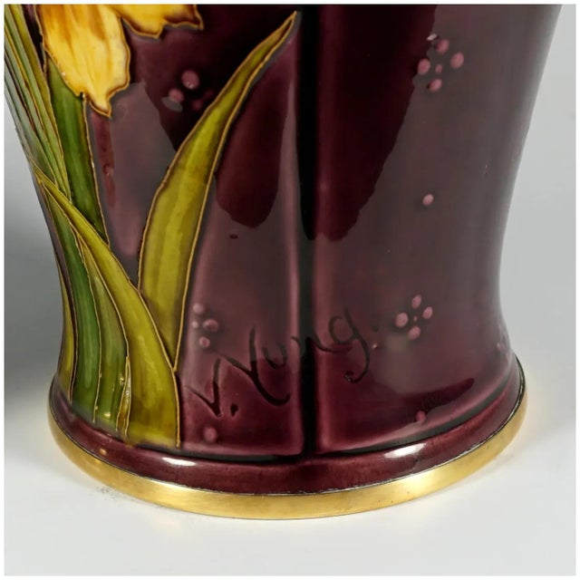 Purple Pair of Large Antique French Sevres Optat Milet Ceramic Vases Art Nouveau Flowers Purple Ground For Sale - Image 8 of 12