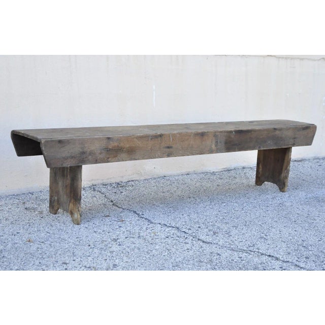 Antique French Country Primitive Distressed Wood Plank 86" Long Bench For Sale - Image 10 of 11
