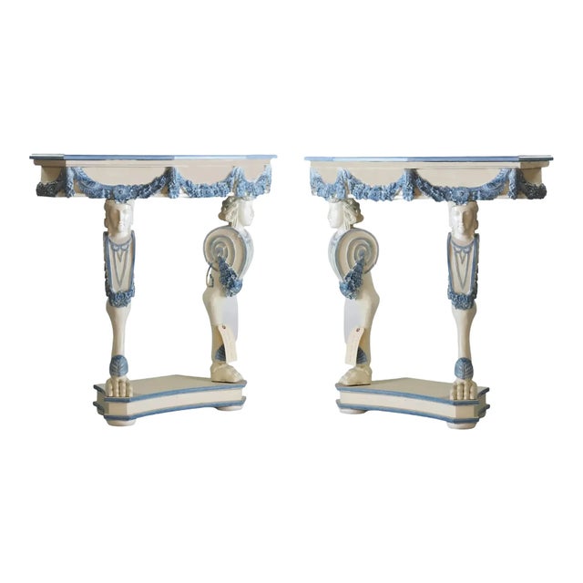 A Pair of Vintage Blue and White Rococo Style Side Tables/Console Tables For Sale - Image 9 of 9