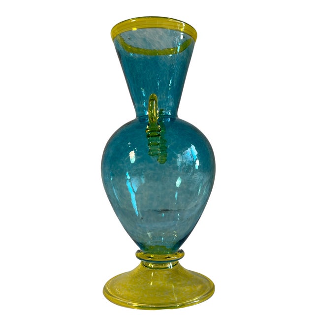 Art Glass Aqua Yellow Handled Amphora Vase For Sale - Image 10 of 14