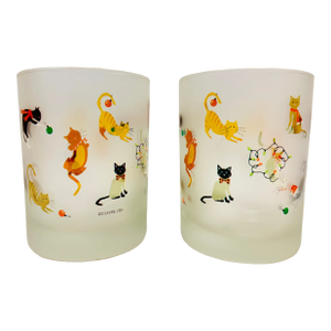 Adorable Set of 2 Culver Holiday Kittens Christmas Frosted Lowball Glasses