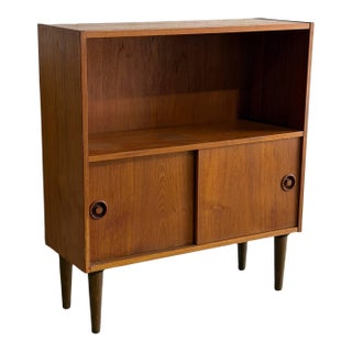 Vintage Danish Modern Teak Bookcase Cabinet Sliding Doors Mid Century Scandinavian Shelf For Sale