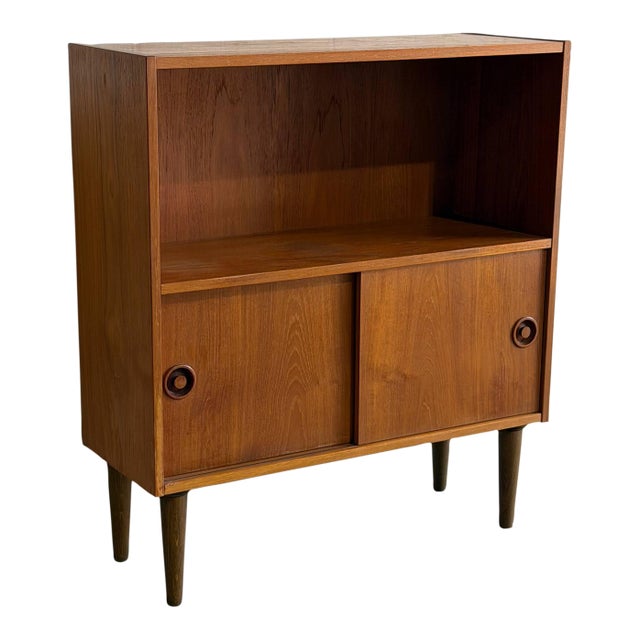 Vintage Danish Modern Teak Bookcase Cabinet Sliding Doors Mid Century Scandinavian Shelf For Sale