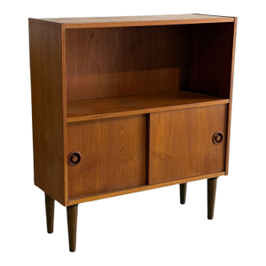 Vintage Danish Modern Teak Bookcase Cabinet Sliding Doors Mid Century Scandinavian Shelf