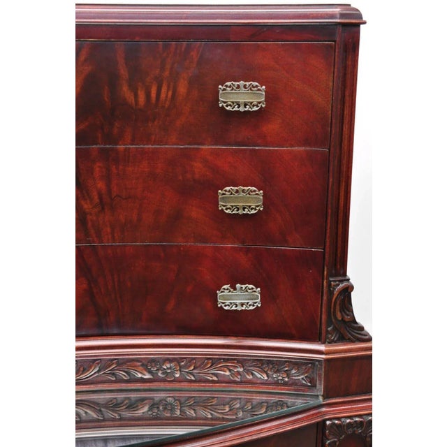 Vtg Chinese Chippendale Flame Mahogany Bowed Front Tall Chest on Chest